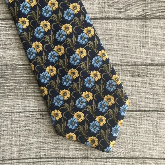 Vintage Burberrys Tie. Blue and Gold Flower Design. All Silk. Made By Hand. EUC.